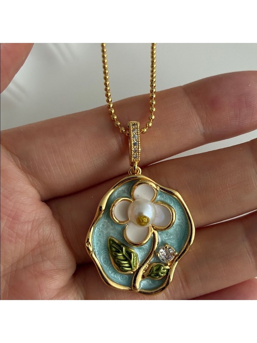 Green Enamel Flower Gold Necklace, Freshwater Pearl Necklace, Handmade Pendant - Picture 4 of 6